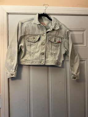 Jordache Cropped Light Blue Embroidered Beaded Jean Jacket